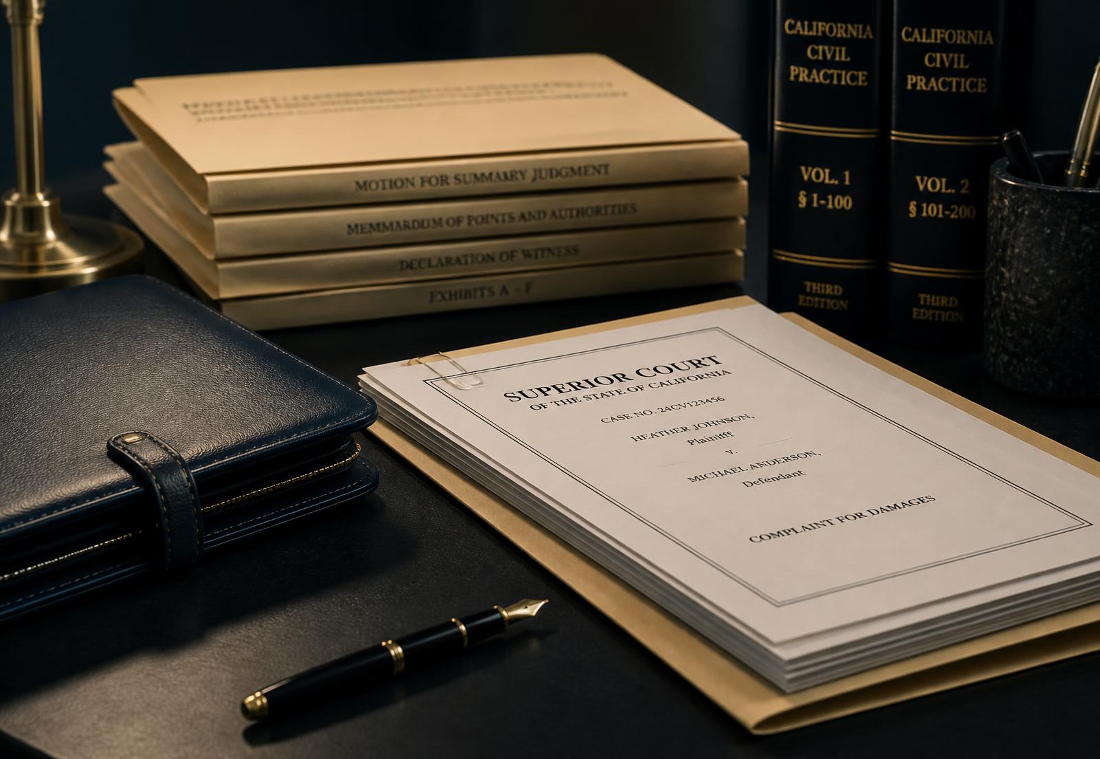 Organized court records, document folders and a pen arranged on a desk
